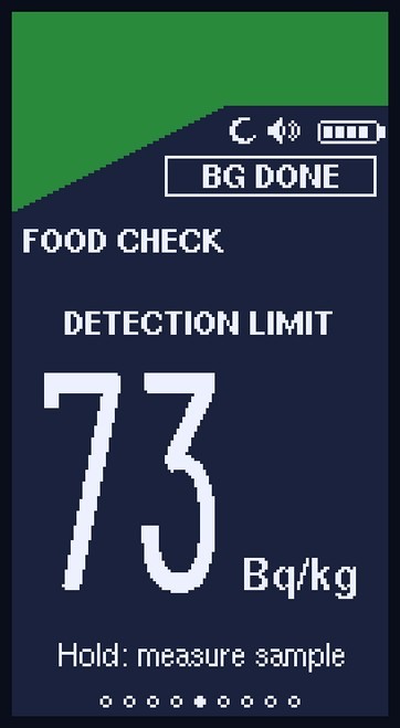 Food Check screen: background done, detection limit 73 Bq/kg